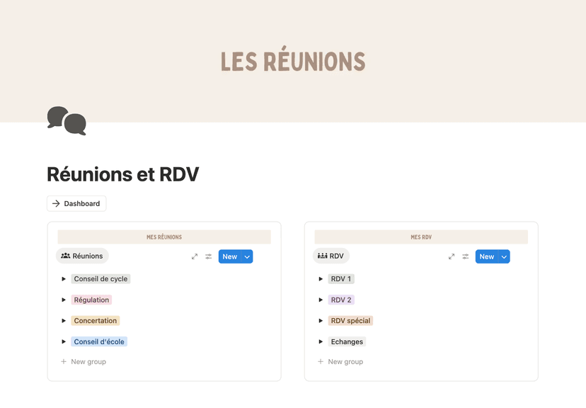 Interface du template Notion pour enseignants - Tableau de bord, cahier journal et suivi des élèves